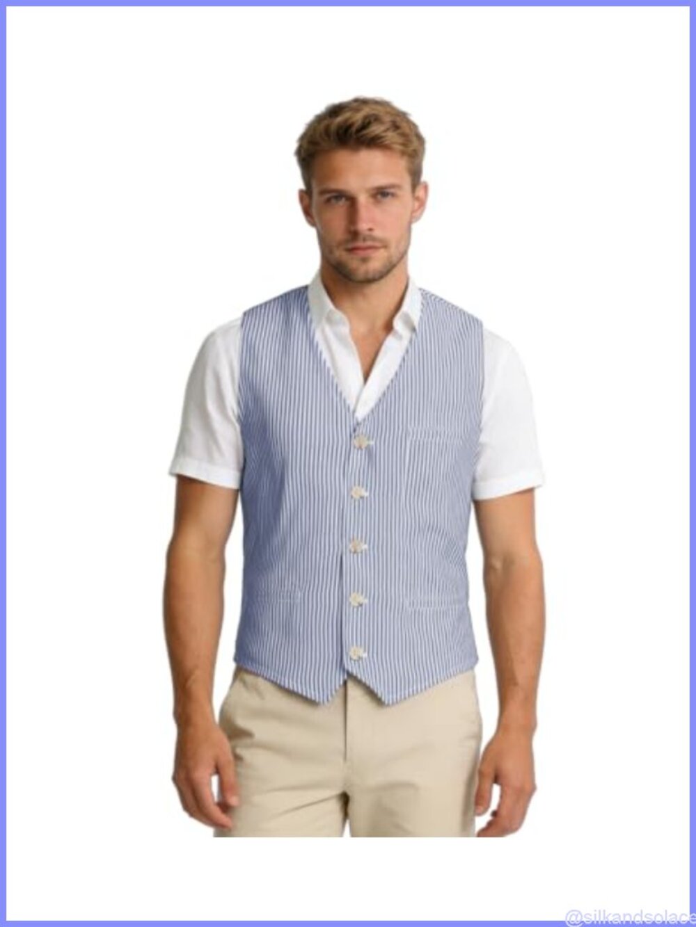 Men's Striped Seersucker Slim Fit Vest Business Casual Waistcoat